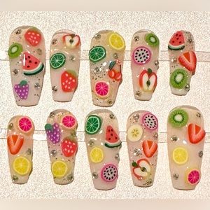 Handmade press on nails lots of fruits